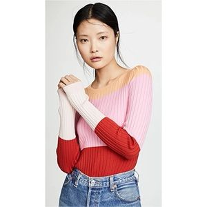 525 American Pullover Sweater Size Large Red Pink Orange Ribbed Colorblock